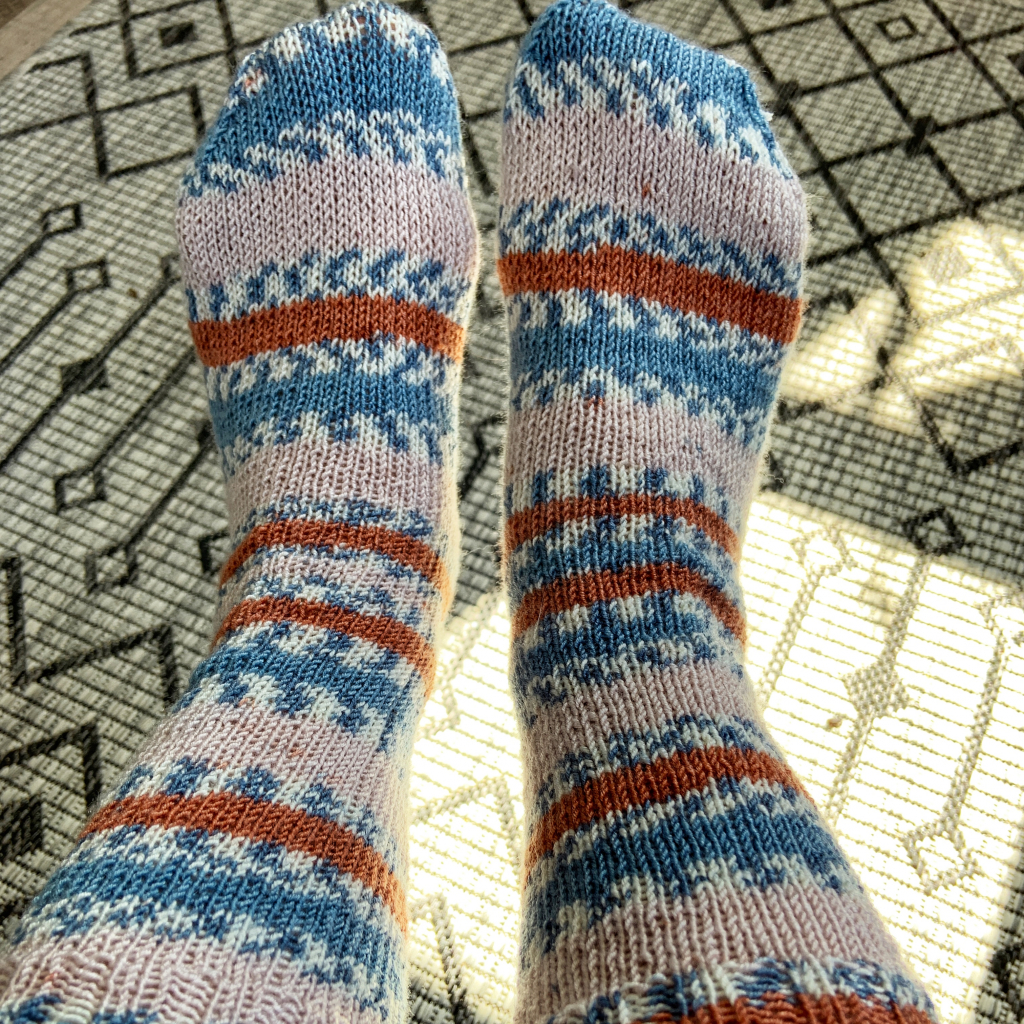 Close up of finished socks on display